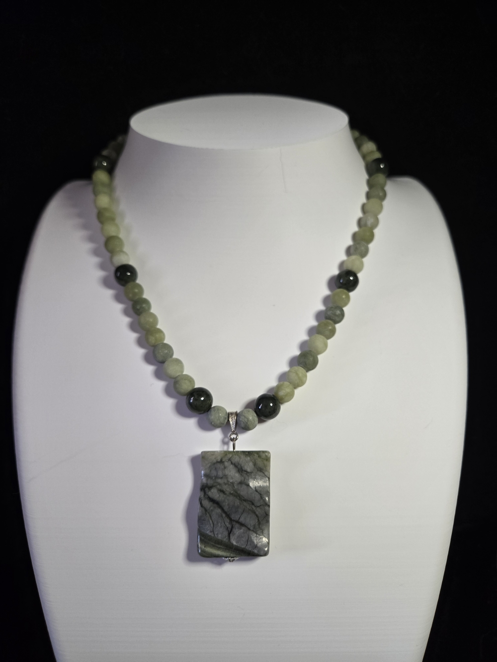 Artisan Serpentine And Nephrite Necklace with Rectangular Serpentine Pendant